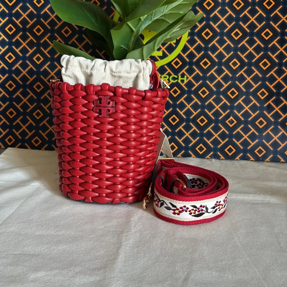 NWT Emerson Warm Red Woven mini Bucket Bag with Embroidered Strap